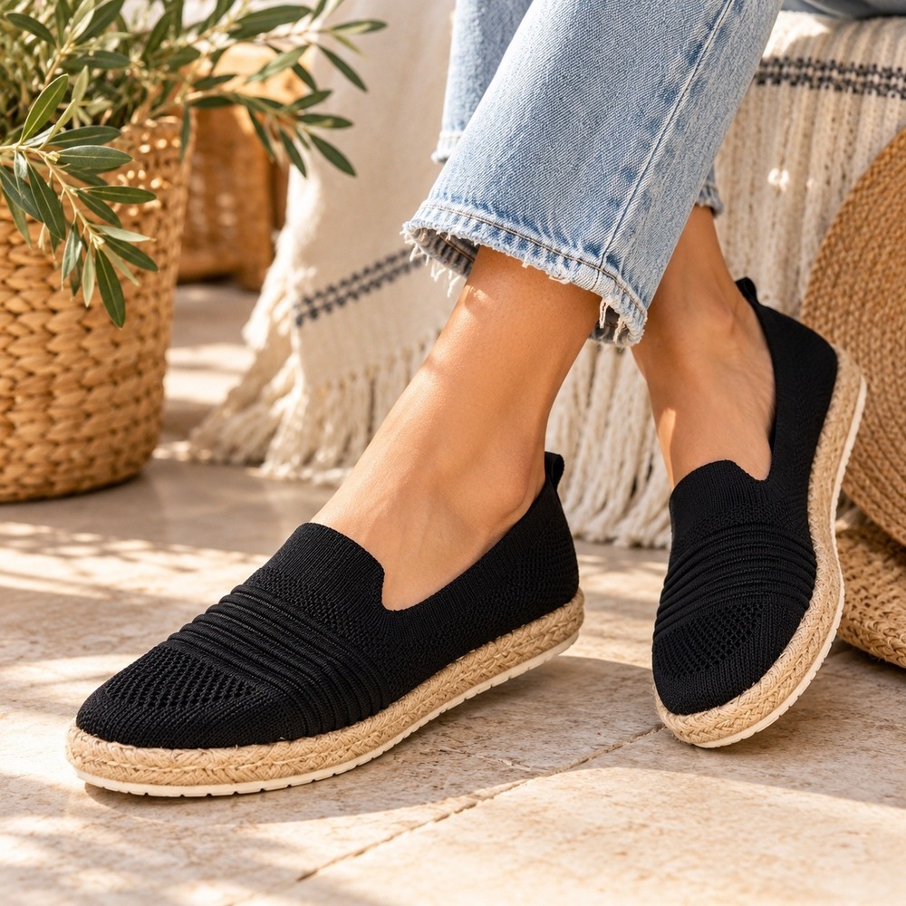 Adrienne Vittadini Espadrille Flats Women 6.5 Black Knit Slip On Loafers